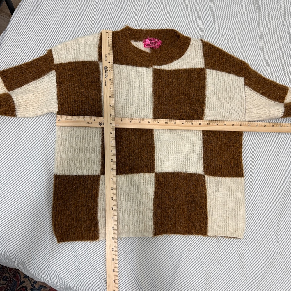 Alpaca Wool OS Checkered Crew Sweater Brown Cream - Picture 4 of 5